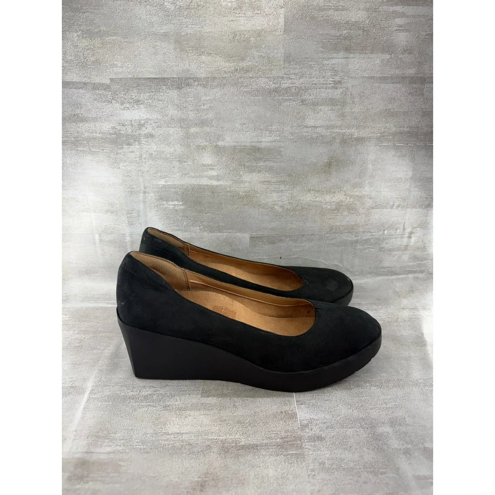Vionic Sereno Women Black Wedge Pumps Round Toe Orthotic Comfort Shoes Size 8.5
